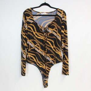 Intempo Long Sleeve Black Status Print Halter Bodysuit NWOT